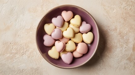 High-Angle View of Plum Ceramic Dish with Heart-Shaped Pastel Macarons in Taupe and Mustard Yellow on a Textured Stone Slab