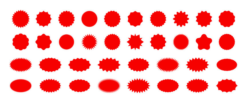 Starburst sale price stickers and labels. Set of price stickers, sale or discount stickers, and sunburst badge icon. Special offer price tag. Blank sale stickers