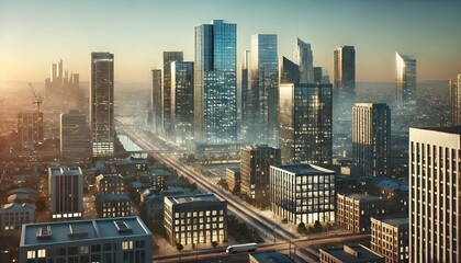 Obraz premium Aerial view of a bustling city showcasing tall buildings and urban landscape under a clear blue sky