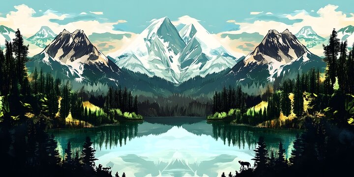 Captivating Panoramic Landscape with Snow Capped Peaks Lush Forests and Shimmering Lake