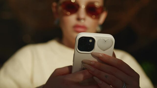 A fashionable girl with glasses and a nose piercing clicks the phone.
A beautiful girl has an earring on her nose.
Brunette with long nails and nose piercing uses a gadget
