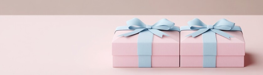 Elegant Pink Gift Boxes with Blue Ribbons for Special Occasions Displayed on a Soft Neutral Background, Perfect for Celebrations and Gifting Ideas