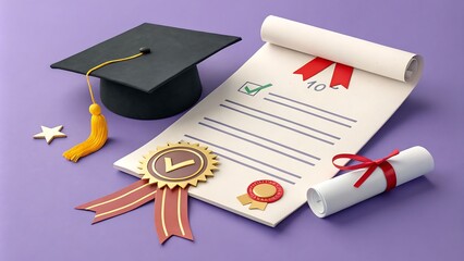 Graduation cap.Mortar board with degree paper on wood table. graduation concept.
