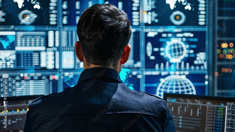 Poster A person works intently at a desk surrounded by numerous screens displaying various data visualizations.