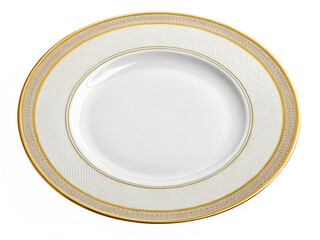 Elegant porcelain plate, white and gold trim, oval shape, wide rim, fine dining, luxury tableware isolated on a white background.png