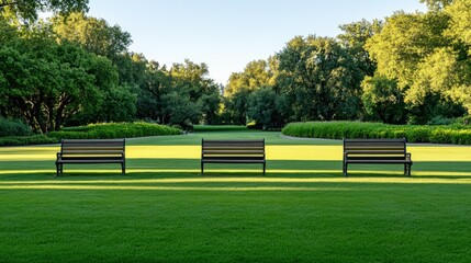 Obraz premium Relaxing spot with three benches near green bushes, perfect for enjoying nature in the bustling city under natural light