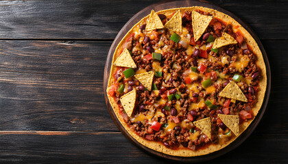 Chili Con Carne in bowl with tortilla chips on dark background. Mexican cuisine