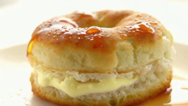 Honey cronut with flaky layers, revealing creamy filling with glistening droplets under a white background with golden light
