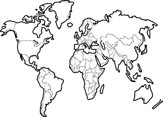 World map outline black vector icon isolated on transparent background.