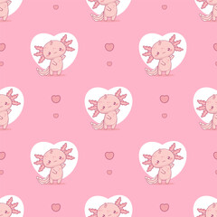 Obraz premium Romantic Seamless pattern with cute Axolotl on pink background with heart. Little cartoon kawaii character. Vector illustration. Valentine holiday background template