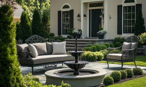 Ornate patio furniture near fountain, house backdrop.