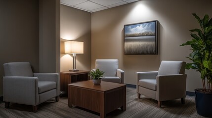 Fototapeta premium A quiet office break space with comfortable chairs, a coffee table, and soft lighting.