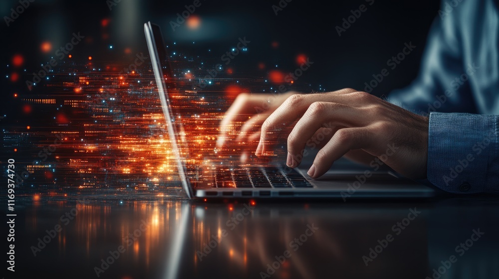 Canvas Prints a person typing on a laptop with a stream of orange and blue data emanating from the screen. ideal f