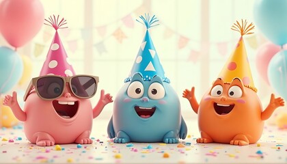 Obraz premium Three Cheerful Cartoon Characters Celebrate a Birthday Party with Colorful Hats and Confetti