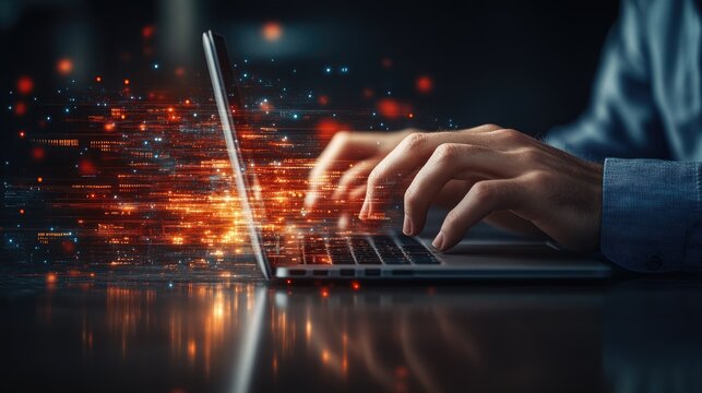 A person typing on a laptop with a stream of orange and blue data emanating from the screen. Ideal for showcasing data analysis, software development, or cybersecurity.