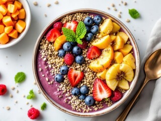 A vibrant smoothie bowl adorned with fresh fruits and nutrient-rich seeds, celebrating healthy eating, nutrition, and a plant-based lifestyle