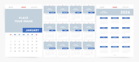 Calendar 2026, Calendar 2026 Sunday Start Corporate Editable Design Template Vector. Editable 12 Calendar Pages Designs with Logo and Picture Space.