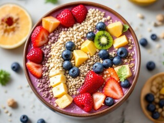 A vibrant smoothie bowl adorned with fresh fruits and nutrient-rich seeds, celebrating healthy eating, nutrition, and a plant-based lifestyle