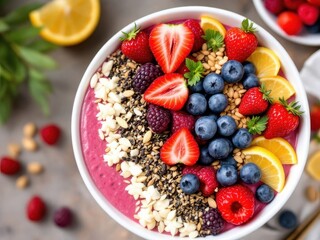 A vibrant smoothie bowl adorned with fresh fruits and nutrient-rich seeds, celebrating healthy eating, nutrition, and a plant-based lifestyle