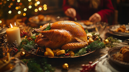 Festive dinner table with roasted turkey and seasonal decorations during holiday celebration
