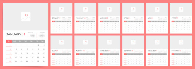 Calendar template for 2026 year. Sunday Starts. Wall planner with photo image. Corporate or business calendar. 2026 calendar in minimal business style. English vector calendar pages for whole 2026.
