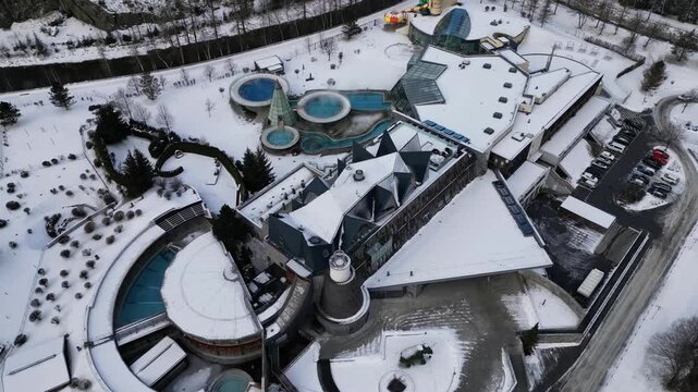 Langenfeld, Austria - December 12, 2024: Beautiful Aqua Dome thermal pools in the Austrian Alps - Tirol Therme in the vicinity of Stuibenfall Waterfall