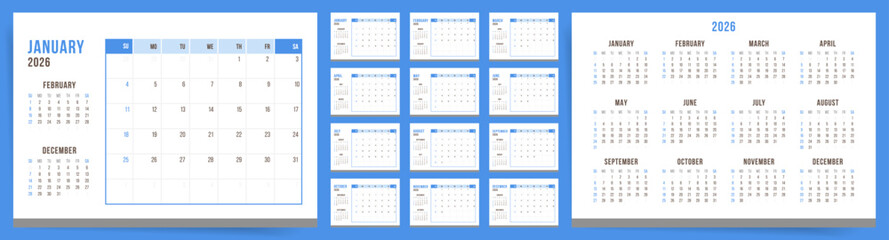 Calendar 2026, Calendar 2026 Sunday Start Clean Blue Design Template Vector