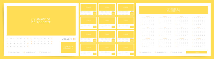 Calendar 2026, Customizable Calendar 2026 Template with Space for Logo and Image, Sunday Start Bright Yellow Design Template Vector