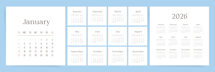 Calendar 2026, Calendar 2026 Minimal Elegant Yearly Planner Design Template Vector. 12 Calendar Pages for every months of 2026 year.