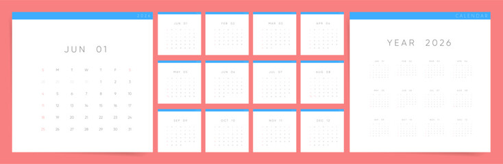 Square Calendar 2026, Calendar 2026 Minimalist Coral and Blue Yearly Planner Template Vector