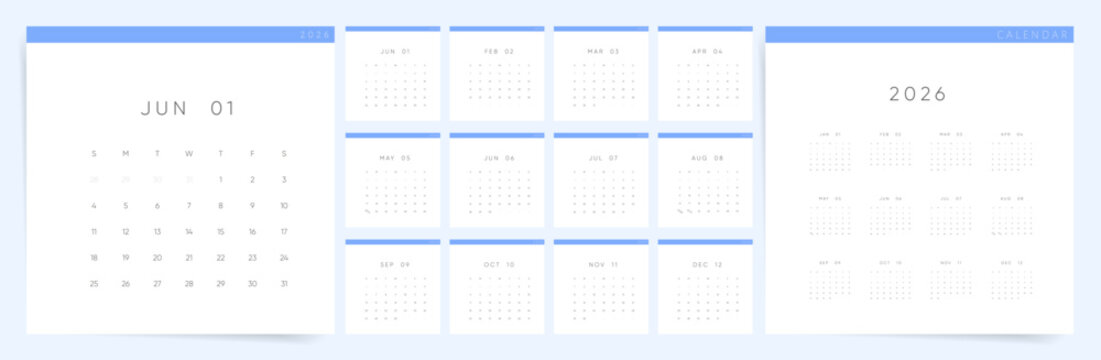 Calendar 2026, Calendar 2026 Minimalist Blue Yearly Planner Template Vector