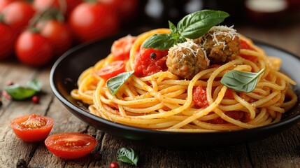 Hearty Spaghetti and Meatballs with Fresh Basil and Tomato Sauce for Culinary Delight