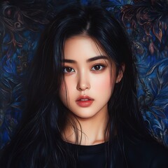 Fototapeta premium Portrait of Young Woman with Long Dark Hair and Expressive Eyes