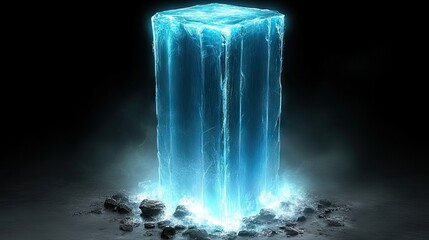 A glowing blue ice monolith emits light onto a dark surface. Suitable for fantasy, sci-fi, or abstract projects.