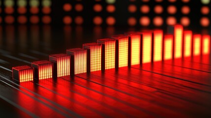Glowing red bar graph rises steadily on a dark reflective surface. Ideal for visualizing growth, progress, or increasing data trends in technology or finance.