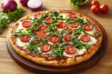 Freshly Baked Pizza Topped with Sliced Tomatoes and Arugula on a Wooden Board Surrounded by Fresh Ingredients and Herbs