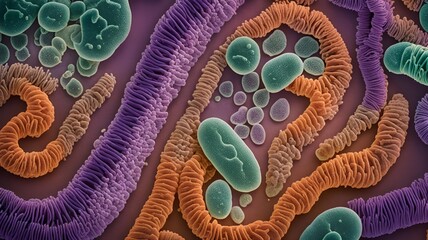 Microscopic view of colorful bacteria and cells displaying unique textures and patterns