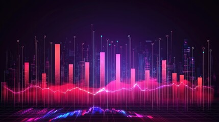 A futuristic cityscape with glowing graphs representing data analysis and market trends. Ideal for finance presentations or tech backgrounds.