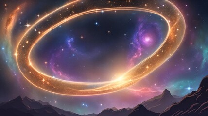 Majestic night sky with glowing ring and vibrant galaxy over mountain landscape
