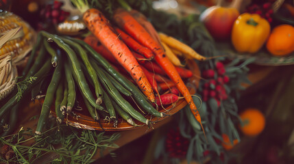 A close-up shot of fresh vegetables, including carrots and green beans