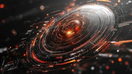 Abstract circular HUD element with glowing orange accents. Ideal for sci-fi interfaces, game design, or tech presentations.