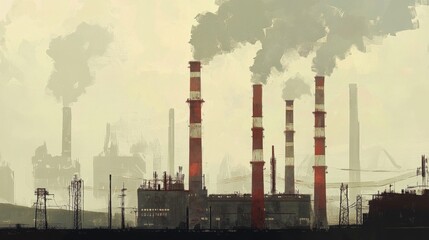 Smog-filled sky above industrial complex with tall smokestacks emitting dark smoke.