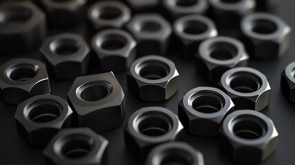 A collection of metallic nuts arranged neatly on a surface, showcasing industrial elements.