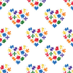 Seamless pattern with jigsaw puzzle in heart shape in blue, yellow, green and red colors square on white background. Hand drawn vector illustration in flat. Autism spectrum disorder concept, children