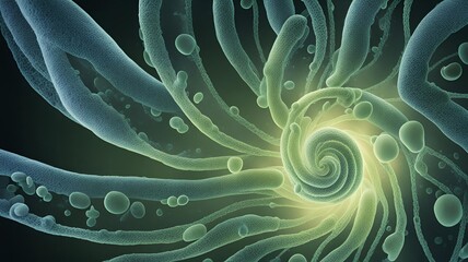 Abstract representation of cellular structures with spiraling tendrils and spheres