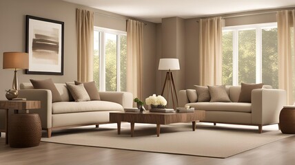 Elegant modern living room with neutral tones and stylish furniture