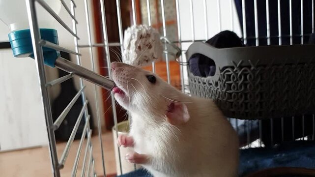 Cute white rat drinking water 