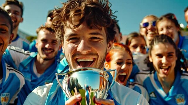 This Team members celebrate joyfully, holding a trophy and cheering in warm sunlight after winning.
