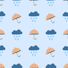 Seamless pattern with umbrellas and clouds on a blue background