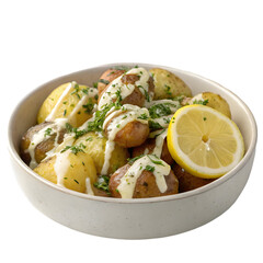 greek homemade lemon skordalia potatoes with olive oil on transparent background